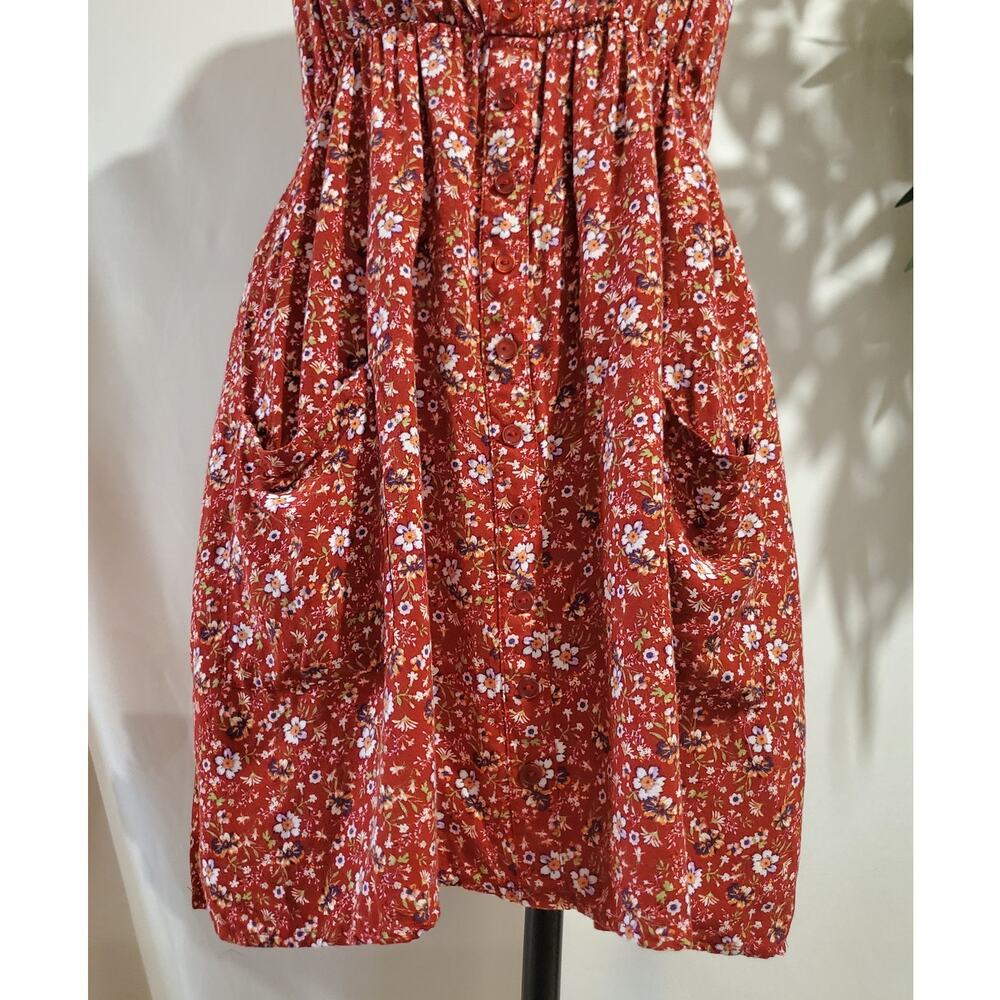 Vtg 90s Y2K Justify Floral Smocked Button Dress Junior Sz L Red Cottage Pockets - Picture 6 of 12